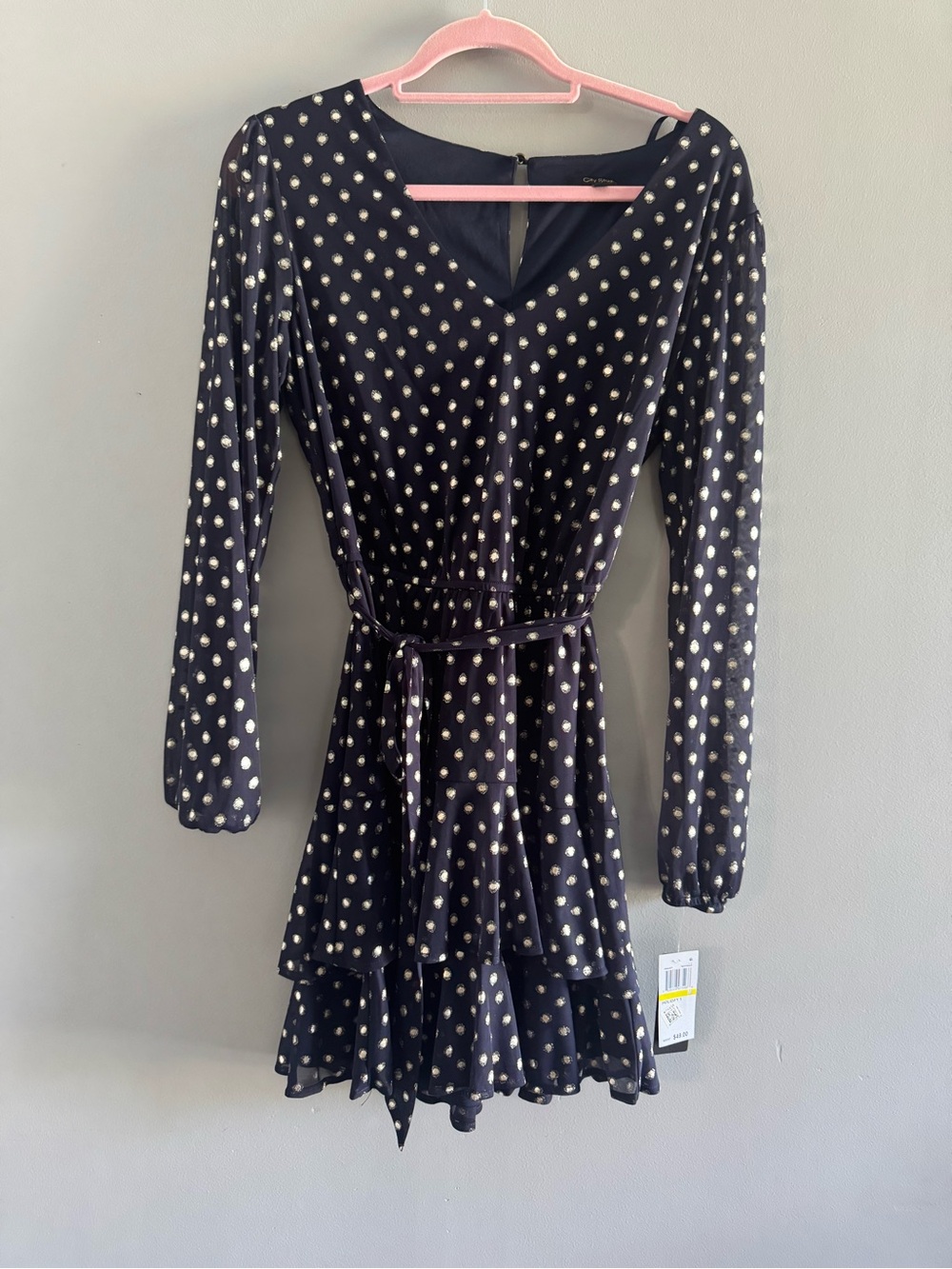 City Studio navy blue Dot V-Neck Tiered Long-Sleeve Dress